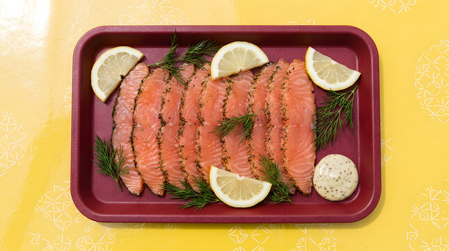 High angle of salmon gravlax slices from Sweden. Fish based dish and Scandinavian as well Nordic cuisine assets