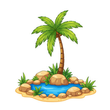 Isolated palm tree with small pond and rocks