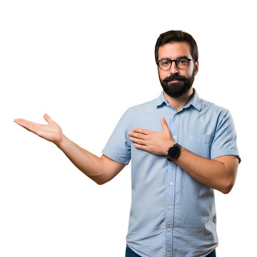 Man gesturing with open palms and hands on chest