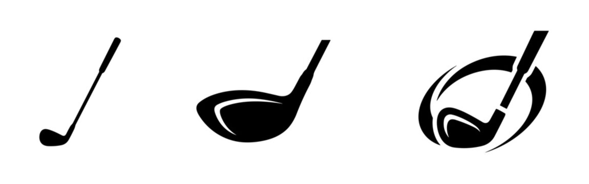 Three stylized black golf club silhouette icons.
