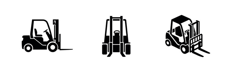 Three black forklift icons in various perspectives, loading. © Lili
