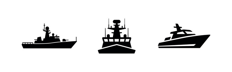 Three black naval ship icons, various vessel types. © Lili