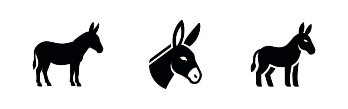 Three black donkey silhouette icons, one full body and two heads.