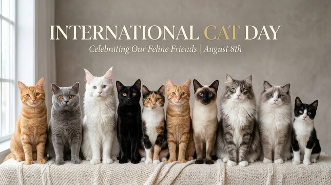 Multiple breeds of cats sitting side by side on a cozy blanket for international cat day
