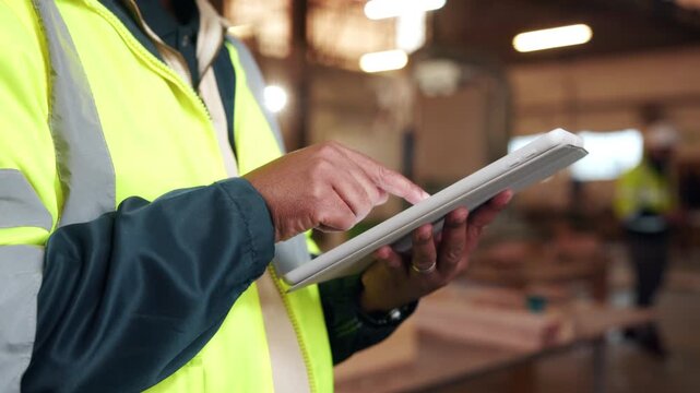 Construction, hands and man with tablet in workshop for inventory, stock management and research. Warehouse, scroll and person on digital tech for report, inspection and planning for infrastructure
