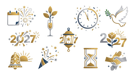 Fototapeta premium Collection of New Year's Eve and 2027 celebration icons in gold and blue colors.
