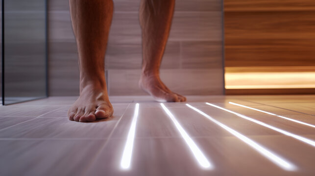 Low-angle view of an adult's bare feet stepping onto a sleek tiled floor with glowing light strips in a contemporary shower