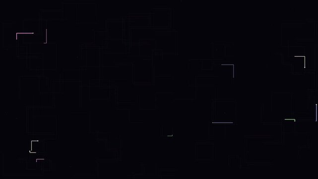 Digital circuit board data flow animation. Abstract technology background with glowing lines moving like electronic signals on a futuristic network connection. Seamless loop.