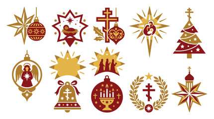 Obraz premium Collection of Christmas and Nativity Icons and Ornaments in Red and Gold.