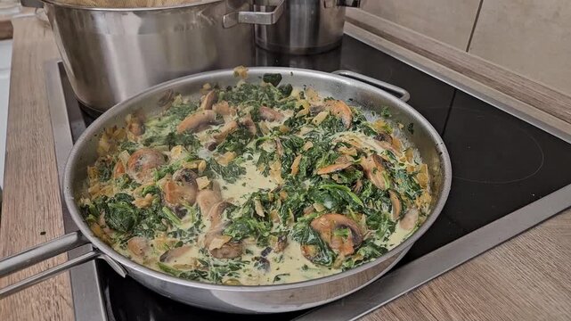 Adding freshly cooked tortellini to a creamy spinach and mushroom sauce in a frying pan