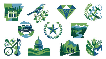 Collection of State Symbols and Icons Representing Arkansas Culture and Heritage. © tr