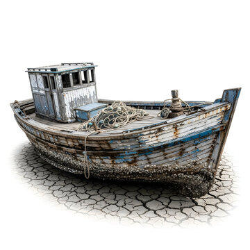 Old abandoned ship on cracked ground