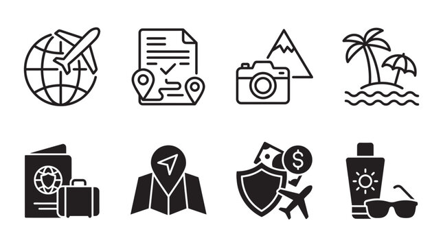 Travel and tourism icons set featuring global flight maps mountains photography tropical island and vacation essentials