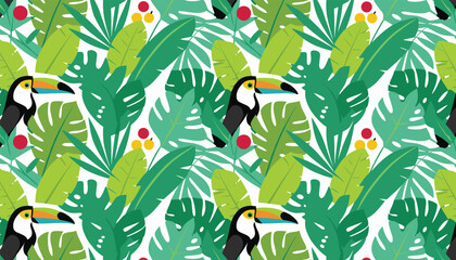Fototapeta premium Seamless pattern with toucans and tropical leaves