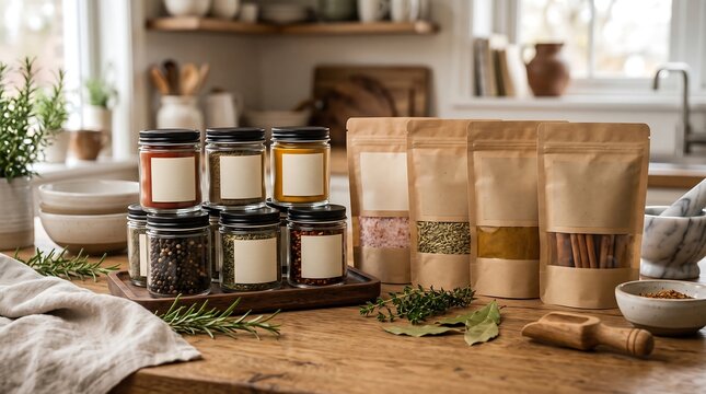 A kitchen counter displays various gourmet food products including jars and bags of spices and herbs on a wooden surface with kitchen utensils and decor.