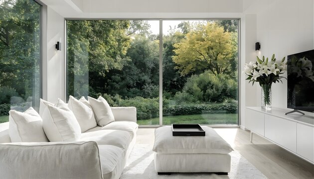 Modern living room interior with large windows overlooking lush garden