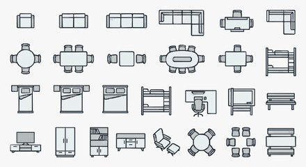 Elegant Minimalist Line Drawing Collection of Modern Furniture and Home Office Essentials in Monochrome © sitio