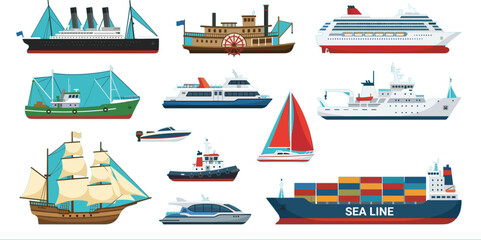 Water transportation ship and boat vector collection with cruise liner, container cargo vessel, sailboat, steamship, and yacht isolated on white. © MdEajdani