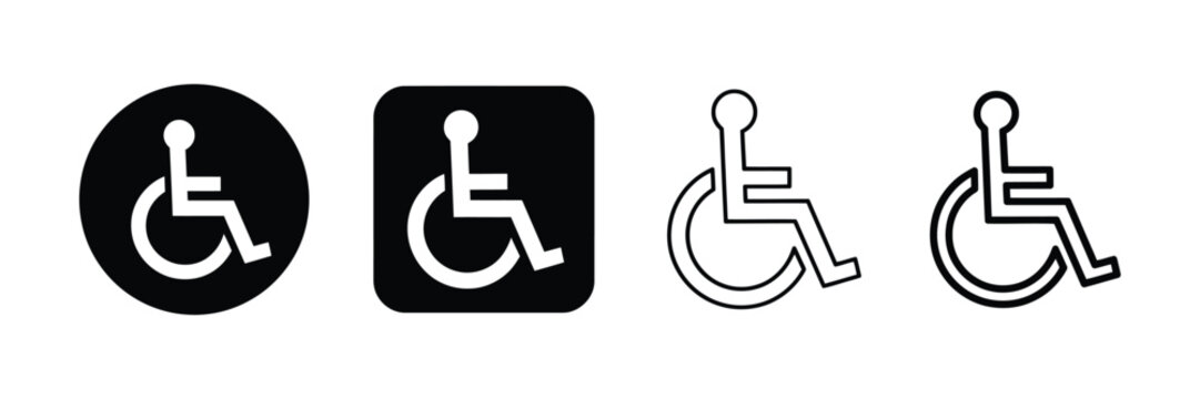 Wheelchair Accessibility Icons featuring disability and mobility aid symbols, handicap accessibility signs, ADA compliant graphics, inclusive facility indicators, and vector illustration.