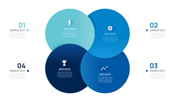 Venn diagram infographic chart template for business 4 parts options, presentation with venn diagram elements vector illustration.