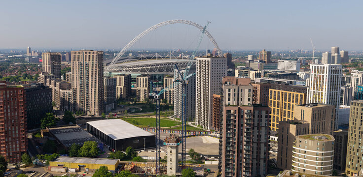 Aerial Panorama over Wembley Park High-Rises, Construction Sites, and Wembley Stadium