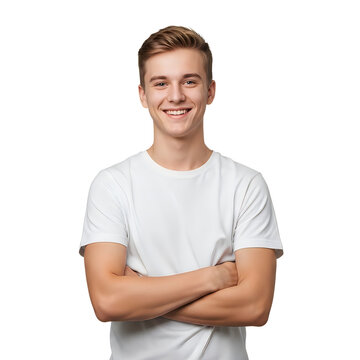 Smiling man with arms crossed wearing white shirt