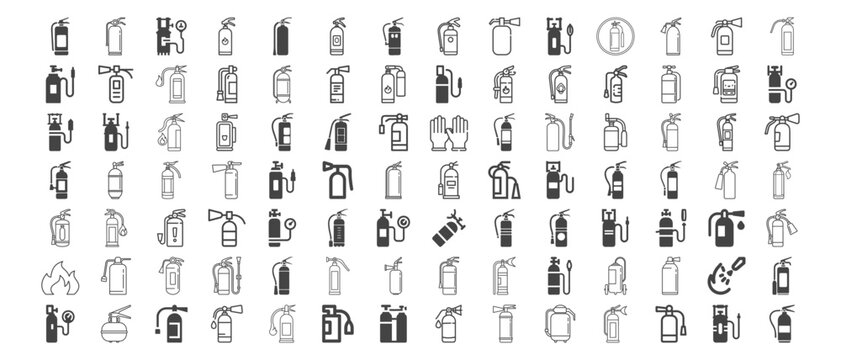 Fire extinguisher icons set, emergency safety equipment vectors, firefighter protection outline and glyph symbols collection, hazard sign prevention elements for web UI design