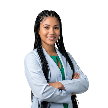 Smiling woman in white lab coat arms crossed