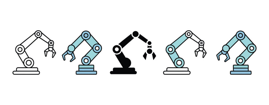 Robotic Arm Icons featuring advanced manufacturing automation symbols, industrial robotics technology, smart factory systems, engineering processes, and vector illustration.