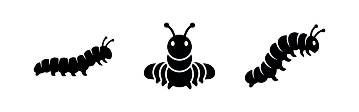 Caterpillar insect vector icon set. Larval stage of a butterfly or moth silhouette.
