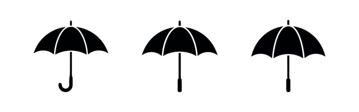 Black silhouette icons of umbrellas in different styles