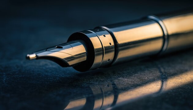 Close up perspective showcases the metallic nib and barrel of a sophisticated writing instrument resting on a textured surface.