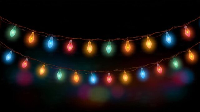 Colorful string lights on black background.