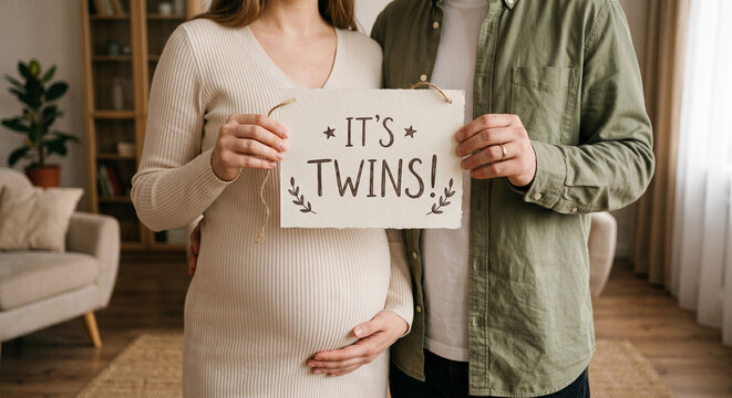 Happy Expectant Couple Holding Handwritten Sign Announcing Twin Pregnancy