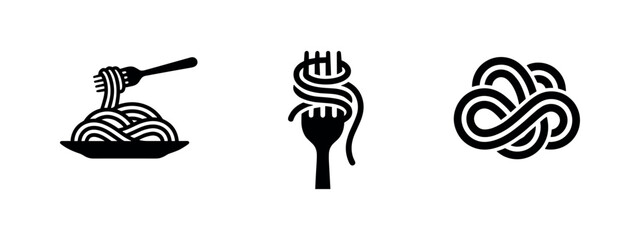 Three black silhouette icons representing pasta and forks on a white background.