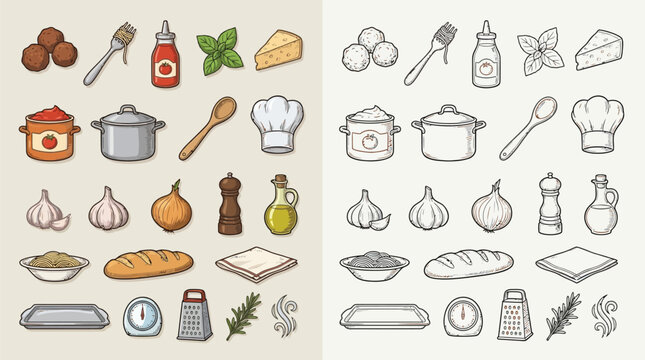 Collection of colorful and line art illustrations of cooking ingredients and kitchen utensils, perfect for culinary themes.