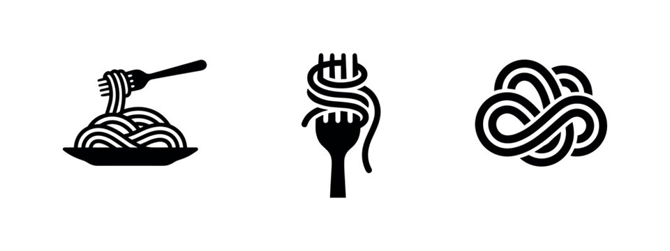 Three black silhouette icons representing pasta and forks on a white background.