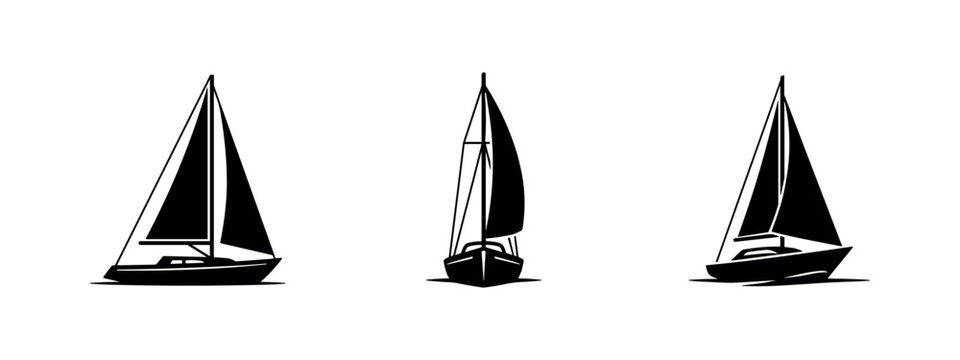 Silhouette icons of three sailboats viewed from different angles on a white background.