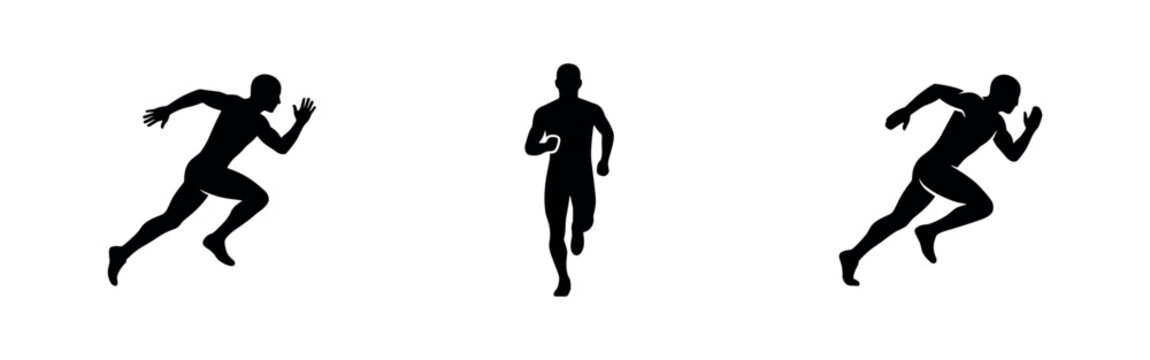 Silhouette icons of three male runners in different dynamic poses on a white background.