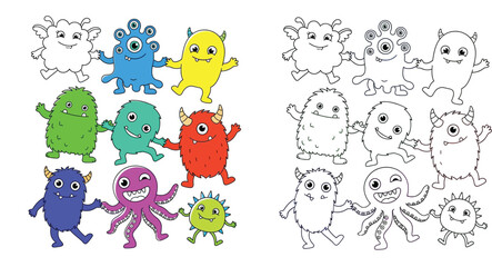 Fototapeta premium Cute cartoon monsters set, colorful and black and white outlines for coloring book page for kids, vector illustration of funny imaginary creatures on white background.
