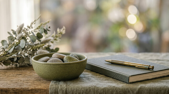 peaceful still life composition showing green bowl containing smooth stones near dark notebook vintage brass pen and dried flowers on textured linen table