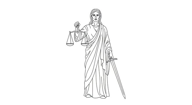 A black and white line drawing depicts Lady Justice, a personification of the legal system. She stands with her left hand holding a set of scales and her right hand gripping a sword.