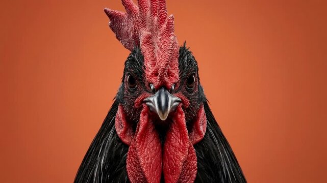 Close-up portrait of a black rooster with vibrant red comb and wattle