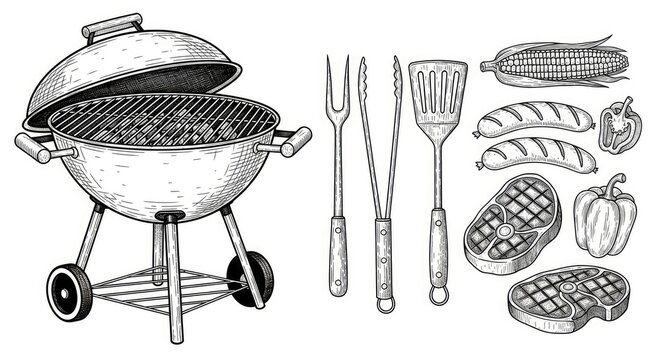 A detailed black and white illustration depicts a charcoal grill with a lid open, alongside grilling tools, cooked meats, and vegetables.