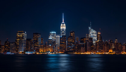Obraz premium Night Cityscape with Illuminated Skyscrapers Reflecting on Water in Urban Landscape