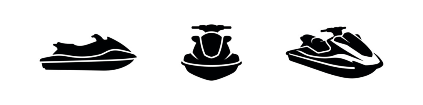 Jet Ski Icons Set. Collection of Personal Watercraft Silhouettes, Aquatic Sport Vehicle Vector Graphics