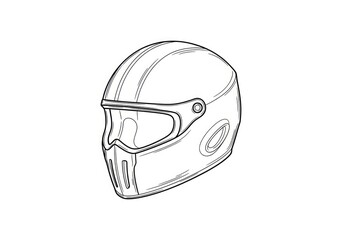 Fototapeta premium A black and white line drawing depicts a vintage motorcycle helmet. The helmet has a streamlined shape with a visor and a small opening near the eye area.