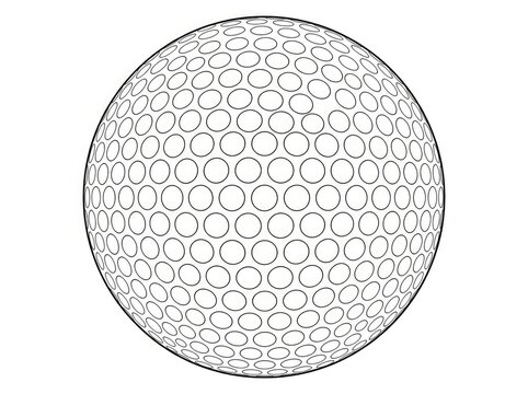 A black and white illustration depicts a golf ball. The sphere is covered in numerous small, evenly spaced circles.
