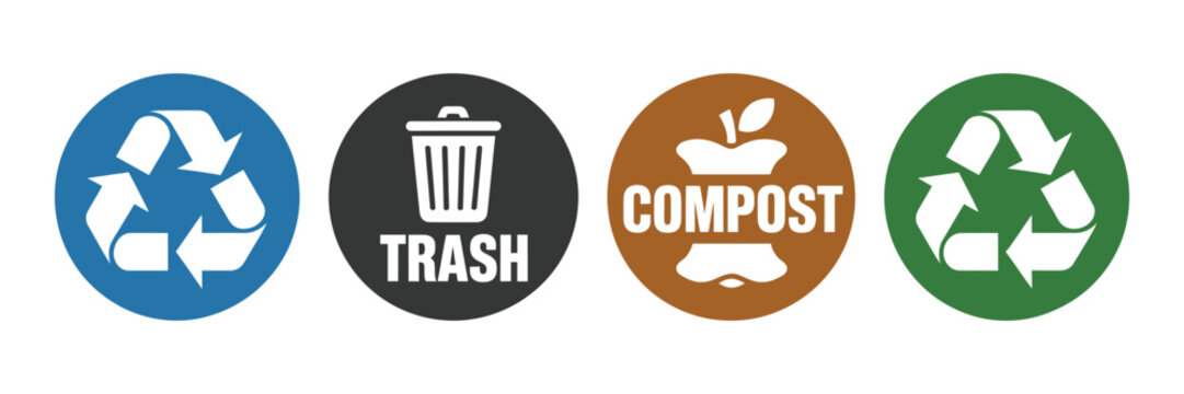 Waste Management Icons featuring recycling, trash disposal, composting symbols, environmental cleanup, sustainable waste handling, eco friendly practices, and vector illustration.