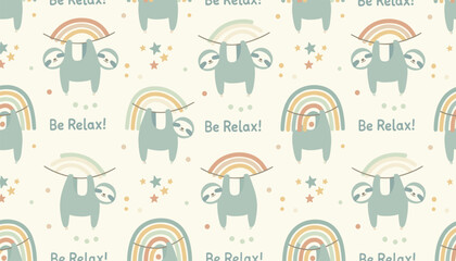 Fototapeta premium Seamless pattern with cute sloths and rainbows